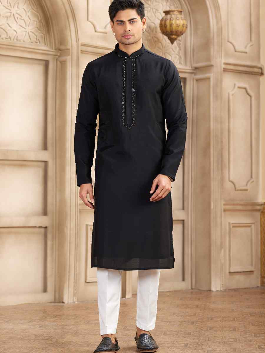 Black Banarasi Silk Embroidered Festival Party Kurta
