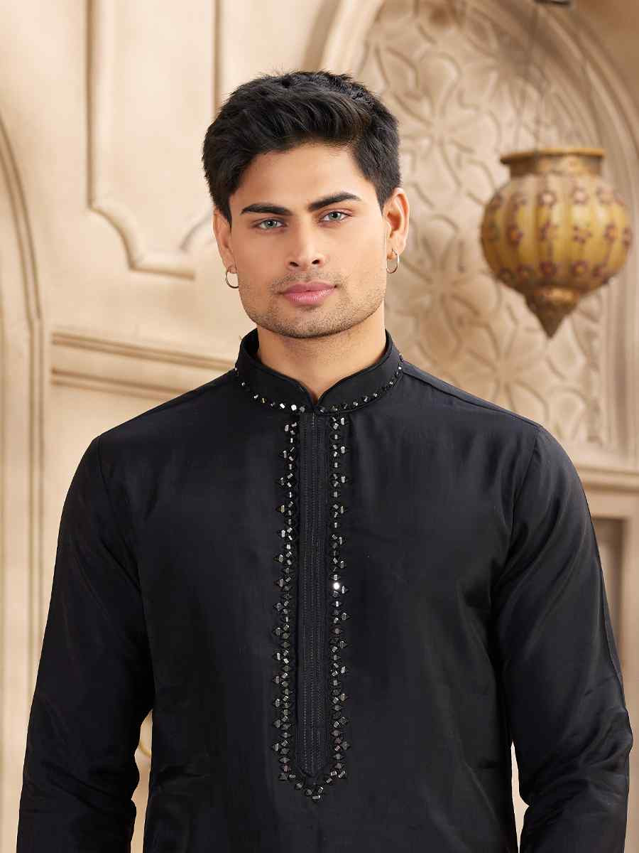Black Banarasi Silk Embroidered Festival Party Kurta