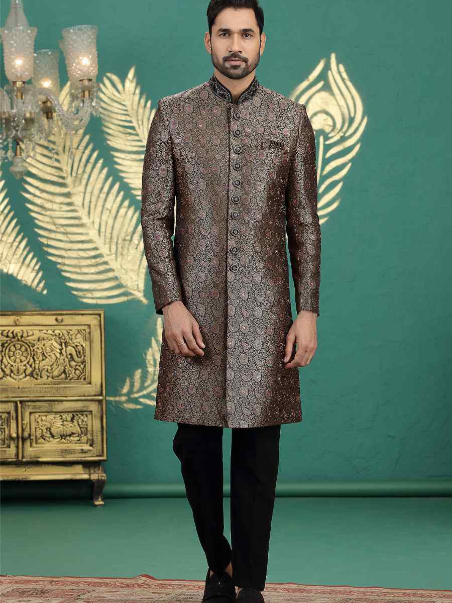 Black Banarasi Silk Embroidered Festival Wedding Mens Sherwani