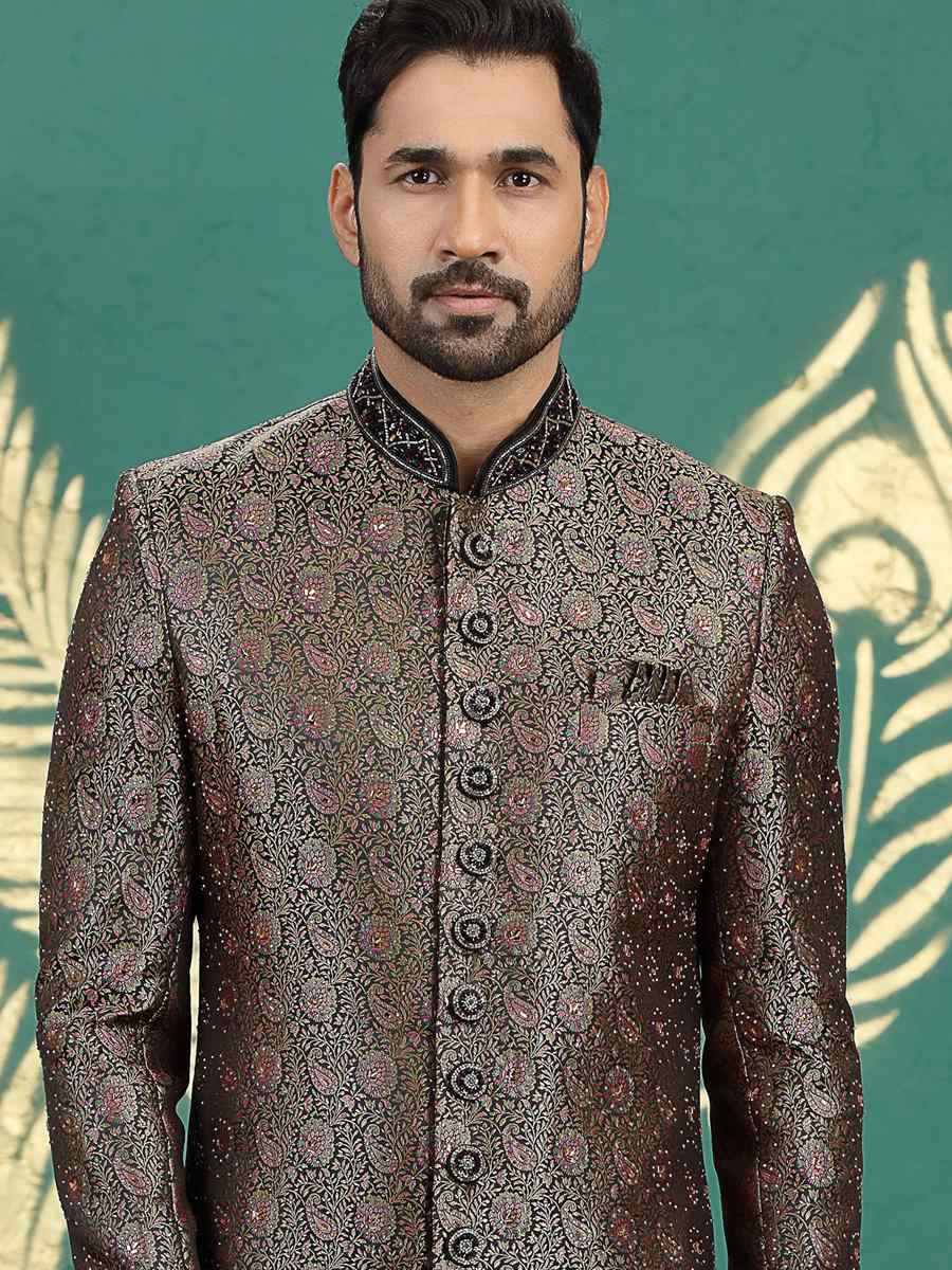 Black Banarasi Silk Embroidered Festival Wedding Mens Sherwani