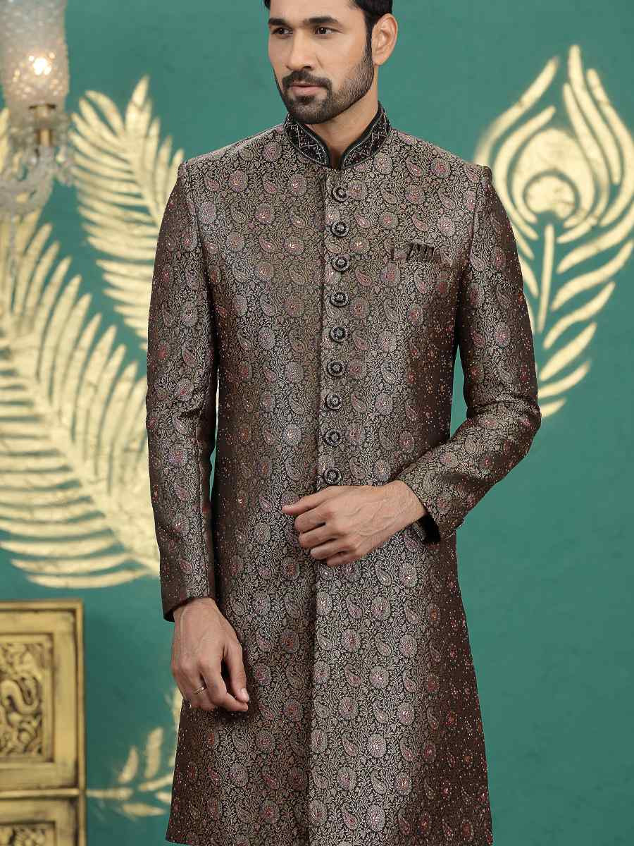 Black Banarasi Silk Embroidered Festival Wedding Mens Sherwani