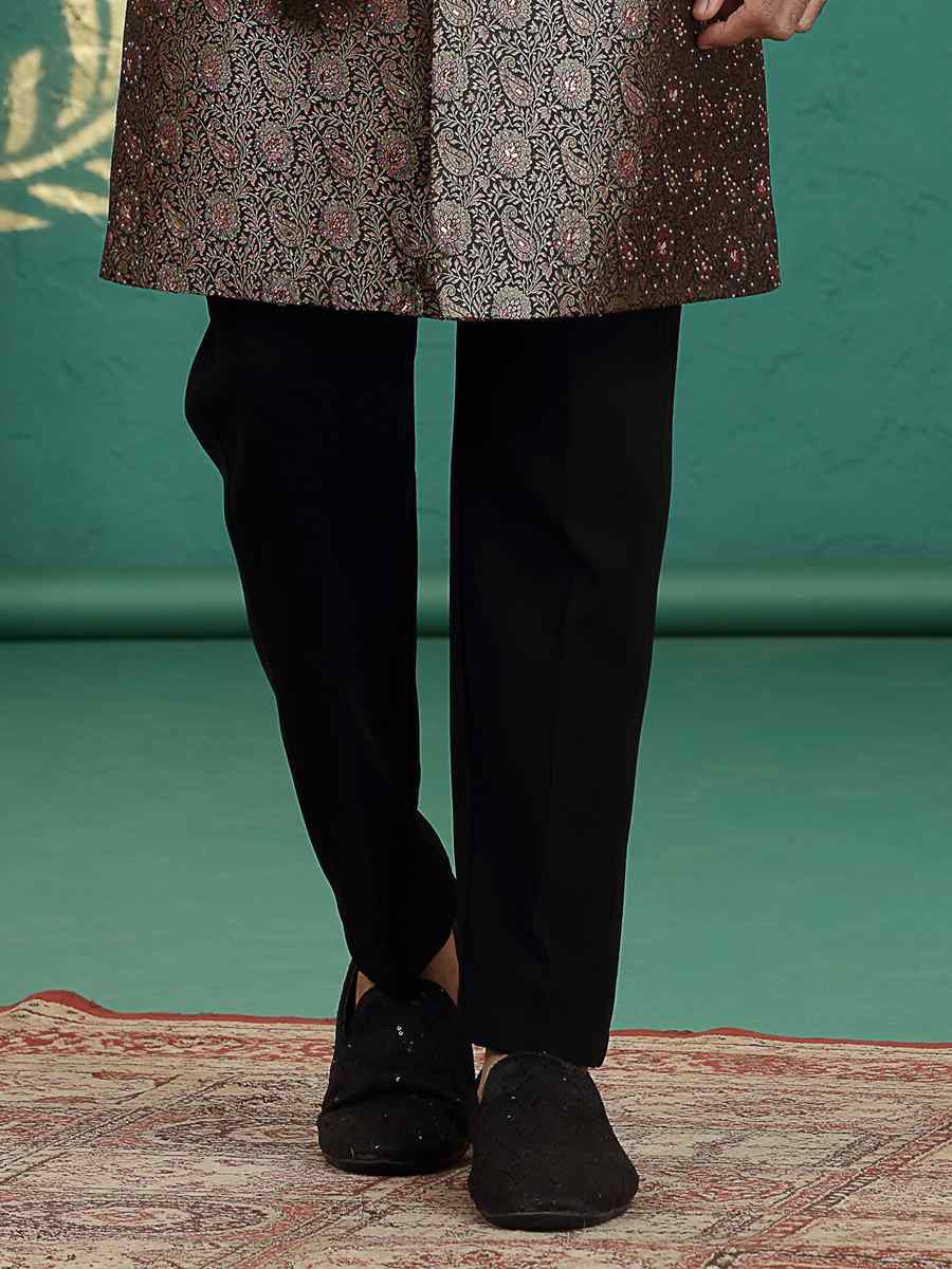 Black Banarasi Silk Embroidered Festival Wedding Mens Sherwani