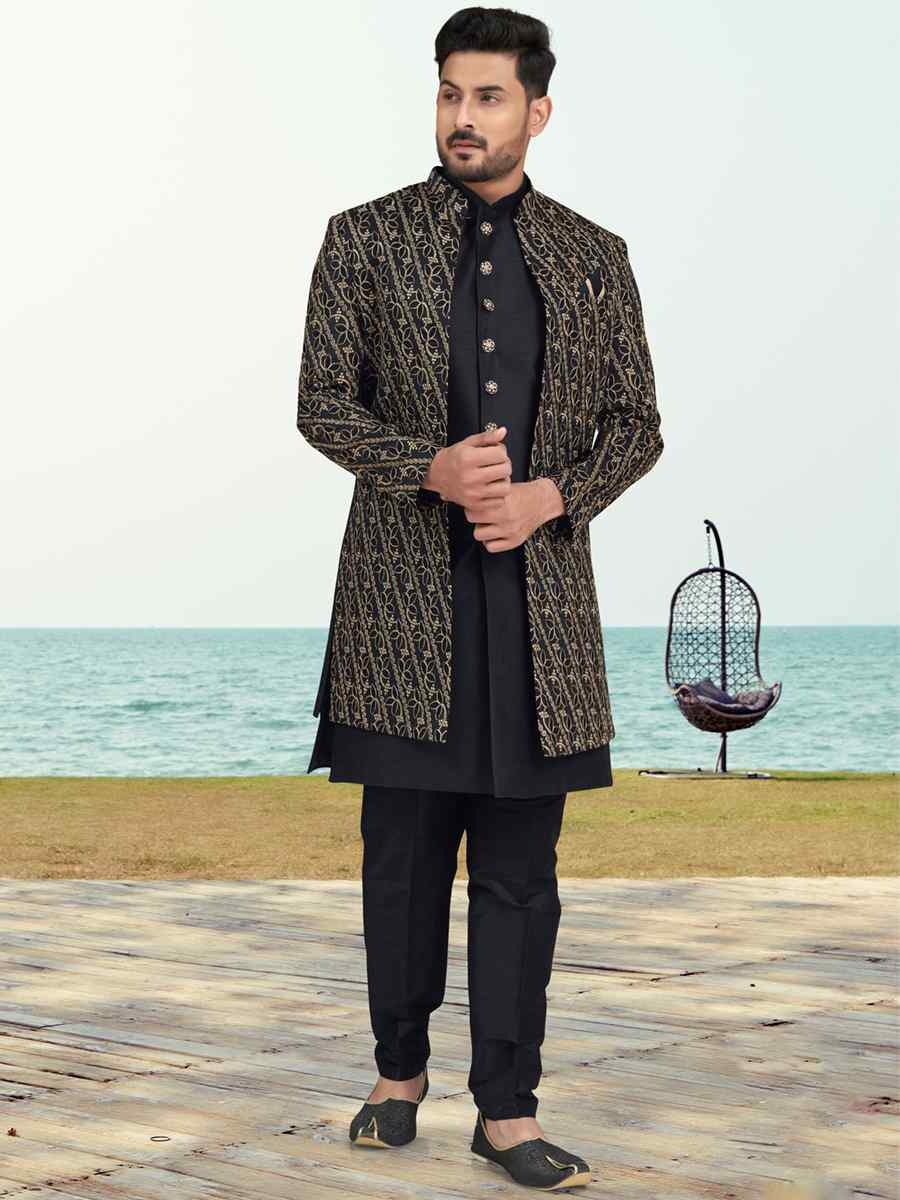 Black Banarasi Silk Embroidered Wedding Festival Sherwani