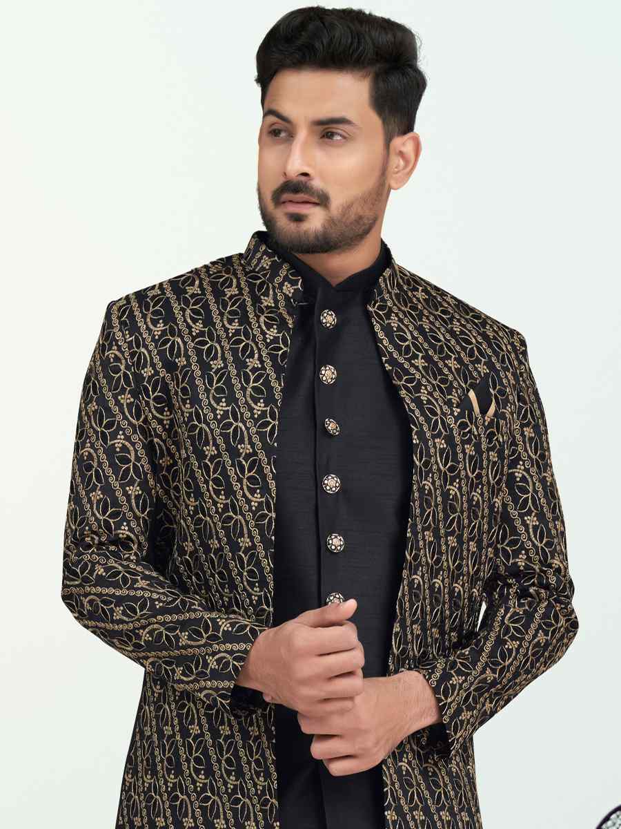 Black Banarasi Silk Embroidered Wedding Festival Sherwani