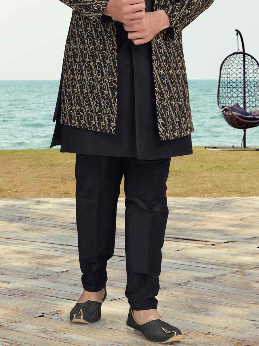 Black Banarasi Silk Embroidered Wedding Festival Sherwani