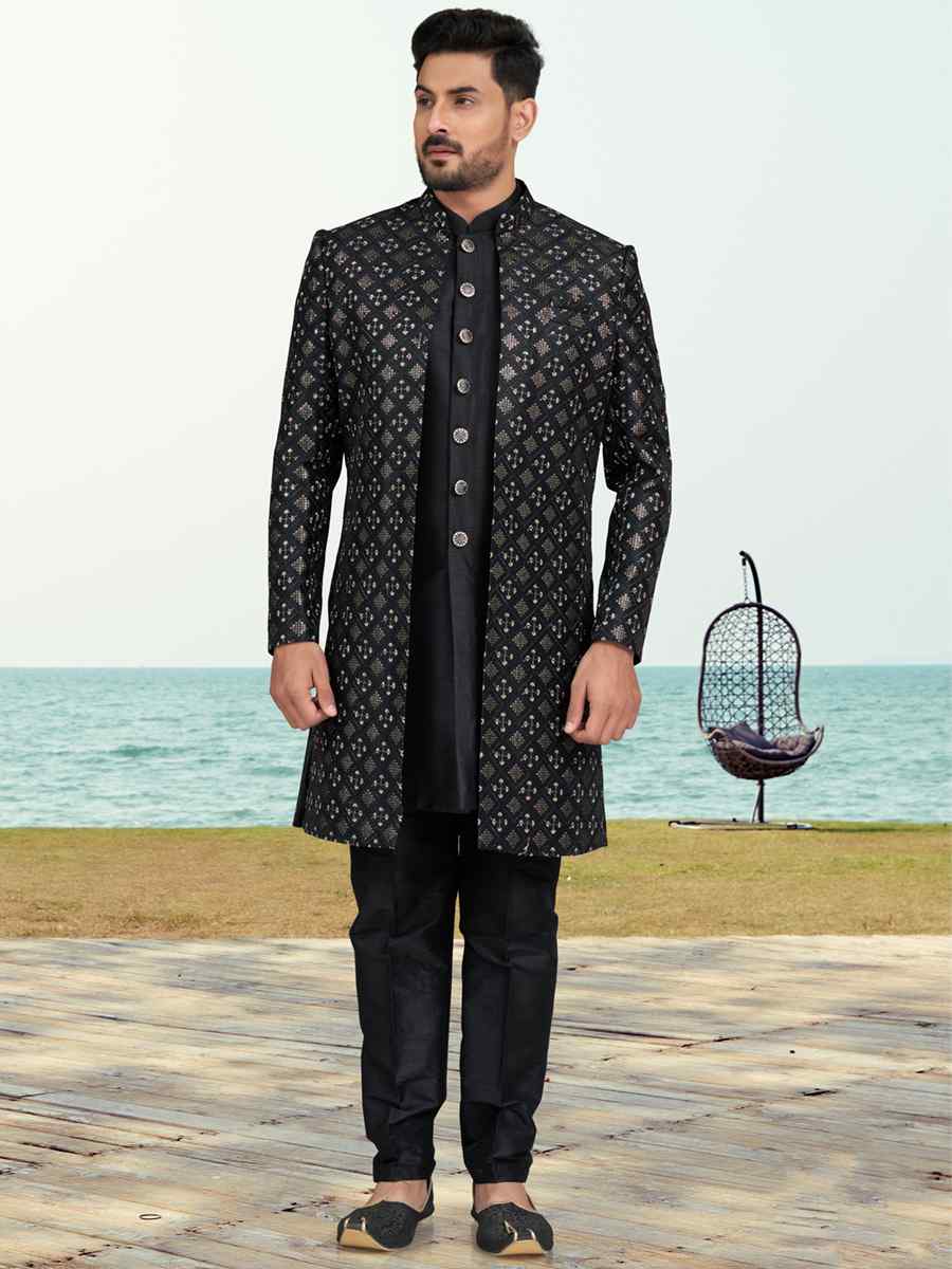 Black Banarasi Silk Embroidered Wedding Festival Sherwani