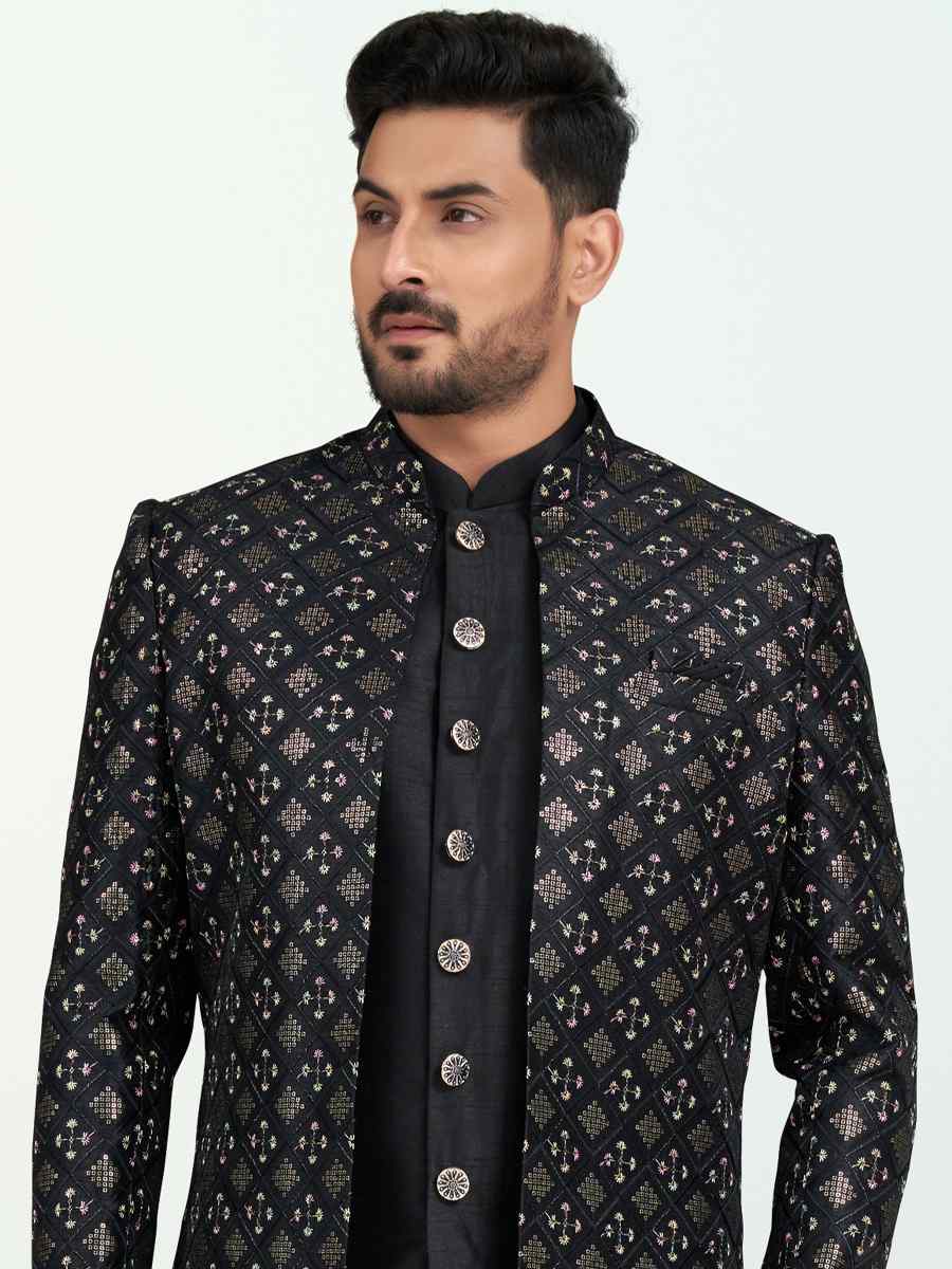 Black Banarasi Silk Embroidered Wedding Festival Sherwani