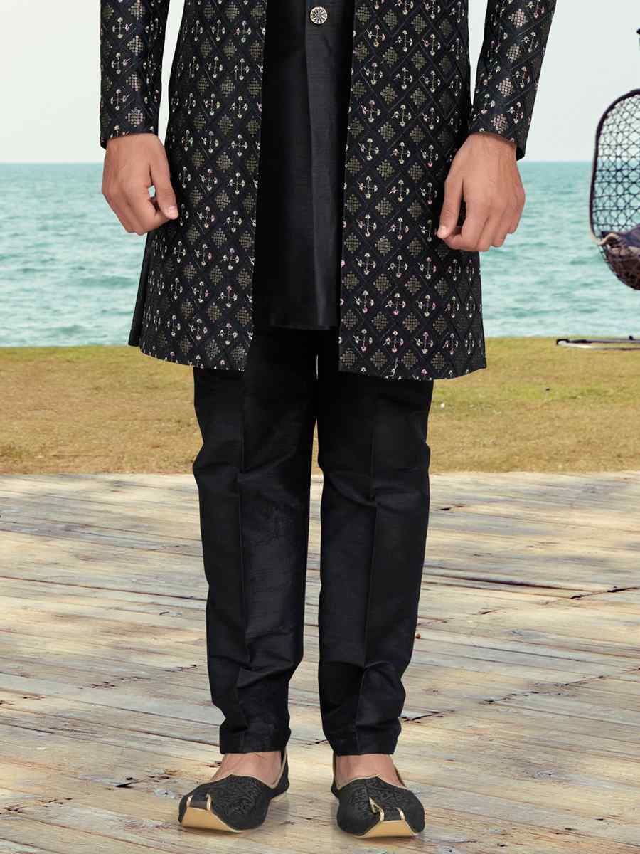 Black Banarasi Silk Embroidered Wedding Festival Sherwani