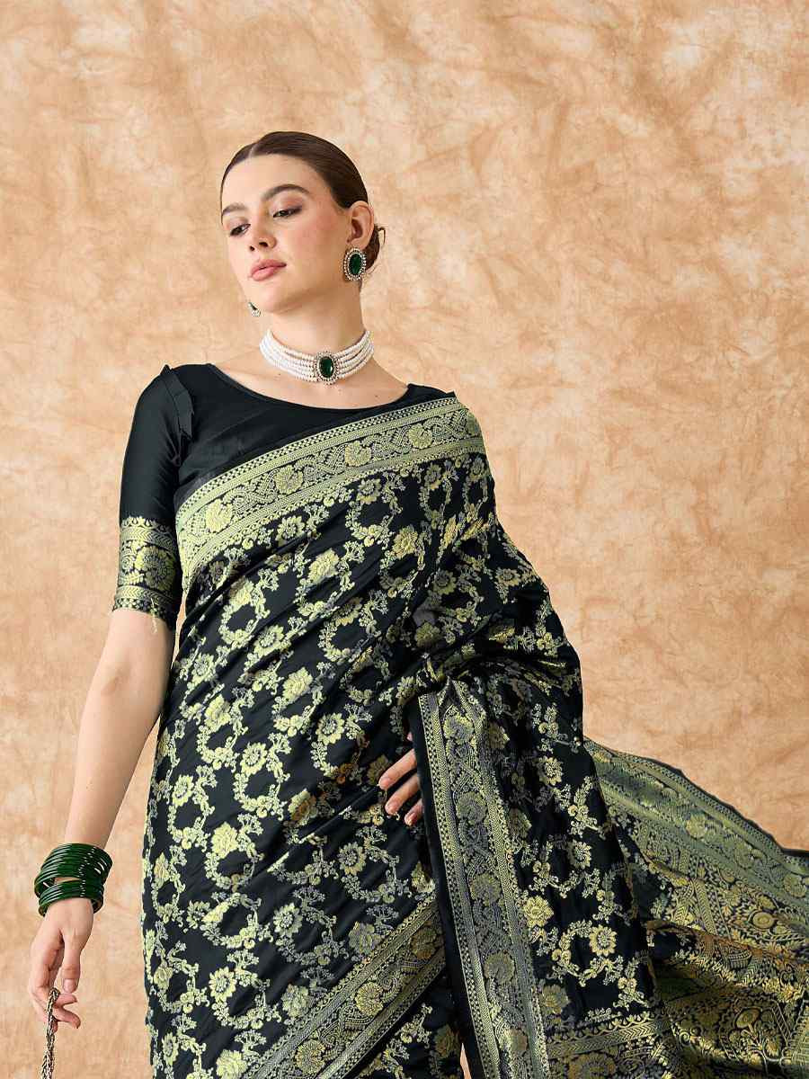 Black Banarasi Silk Handwoven Bridal Reception Festival Wedding Fancy Heavy Border Sarees