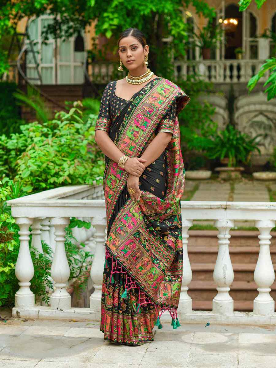 Black Banarasi Silk Handwoven Wedding Festival Heavy Border Saree
