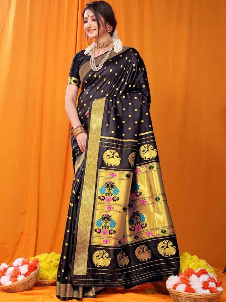 Black Banarasi Silk Handwoven Wedding Festival Heavy Border Saree