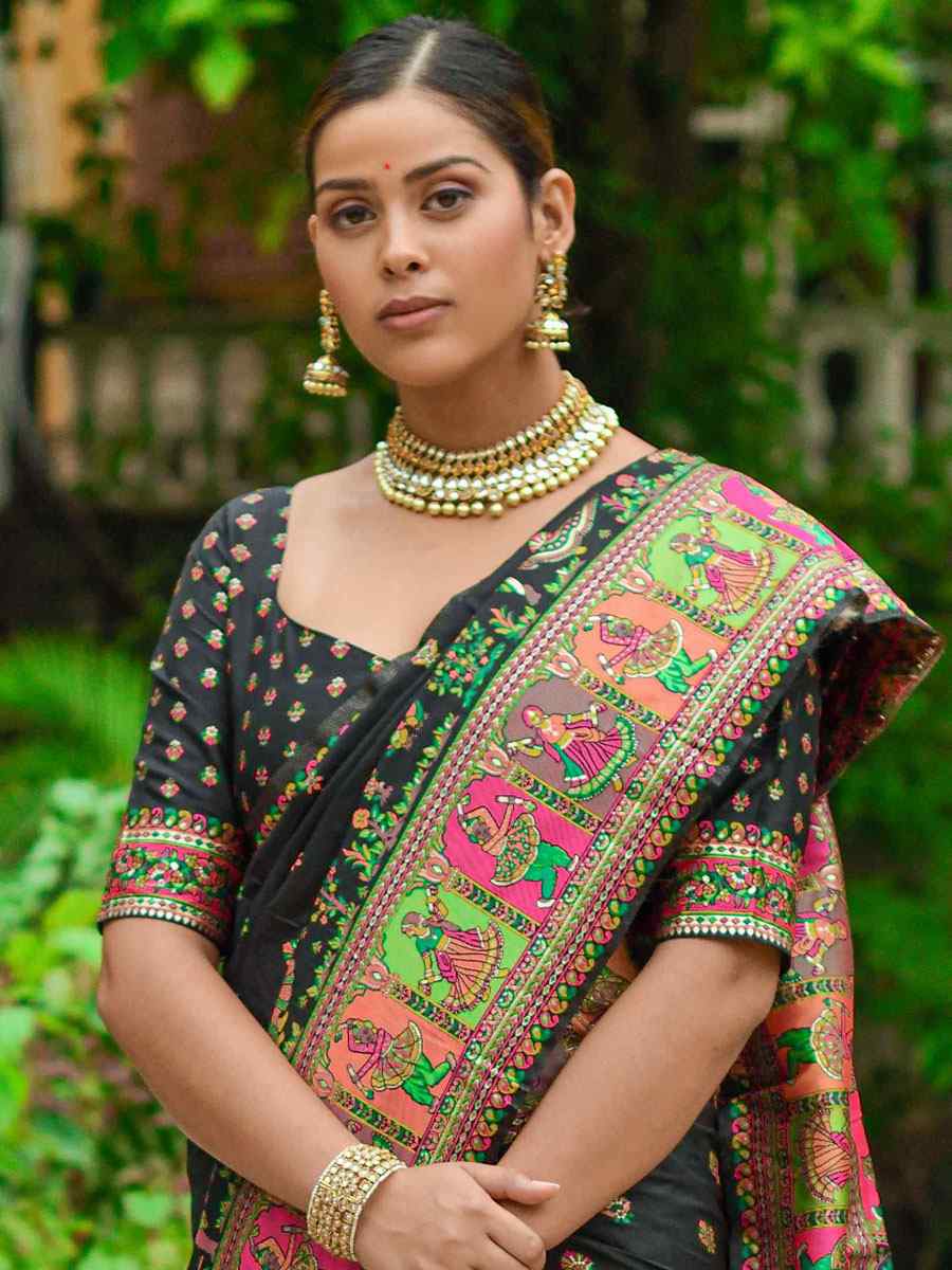 Black Banarasi Silk Handwoven Wedding Festival Heavy Border Saree