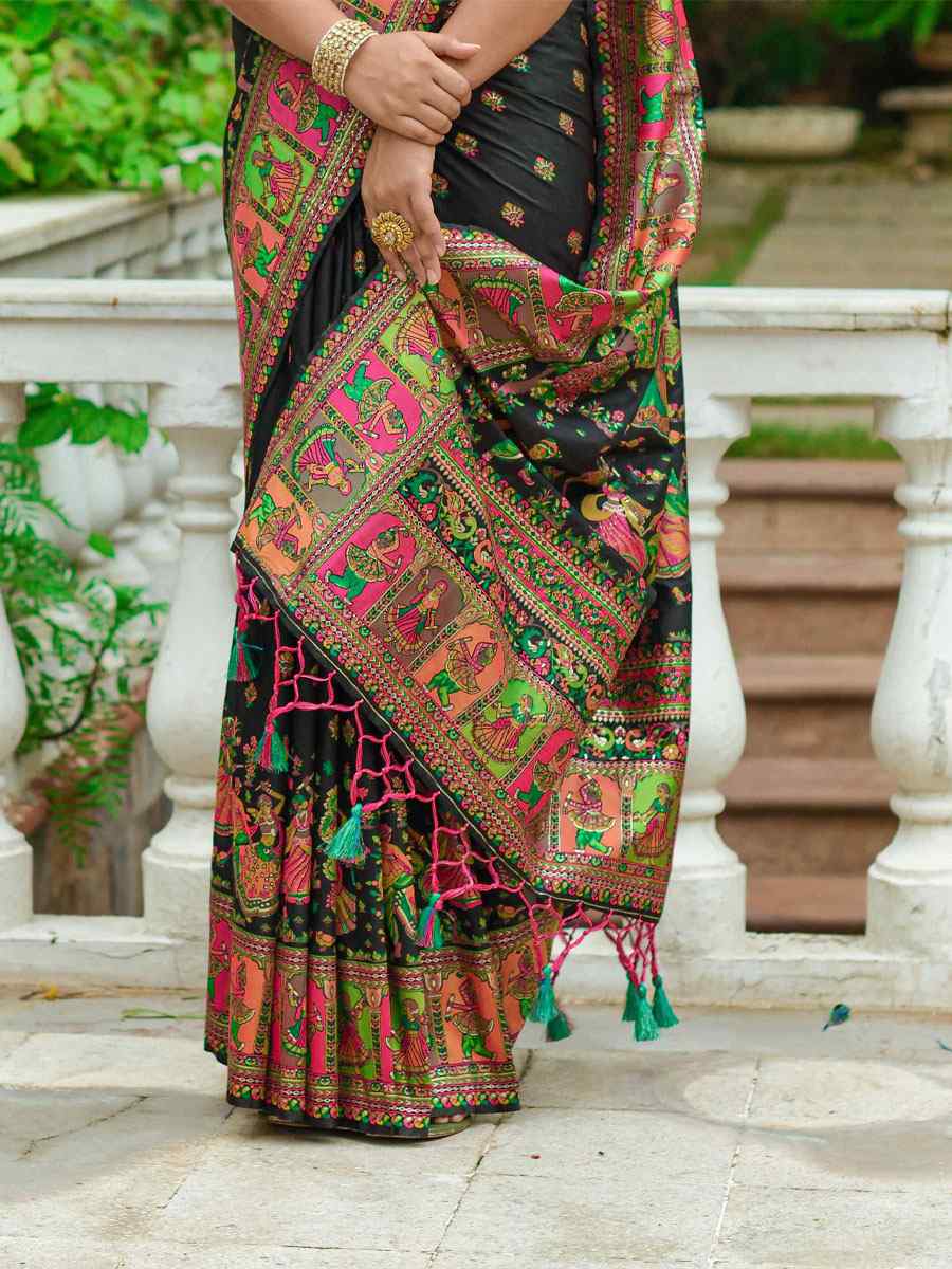 Black Banarasi Silk Handwoven Wedding Festival Heavy Border Saree
