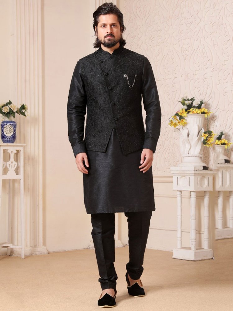 Black Banarasi Silk Wedding And Festival Plain Kurta with Waistcoat