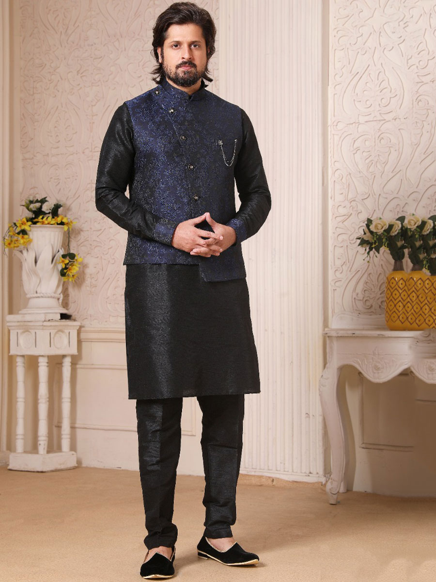 Black Banarasi Silk Wedding And Festival Plain Kurta with Waistcoat