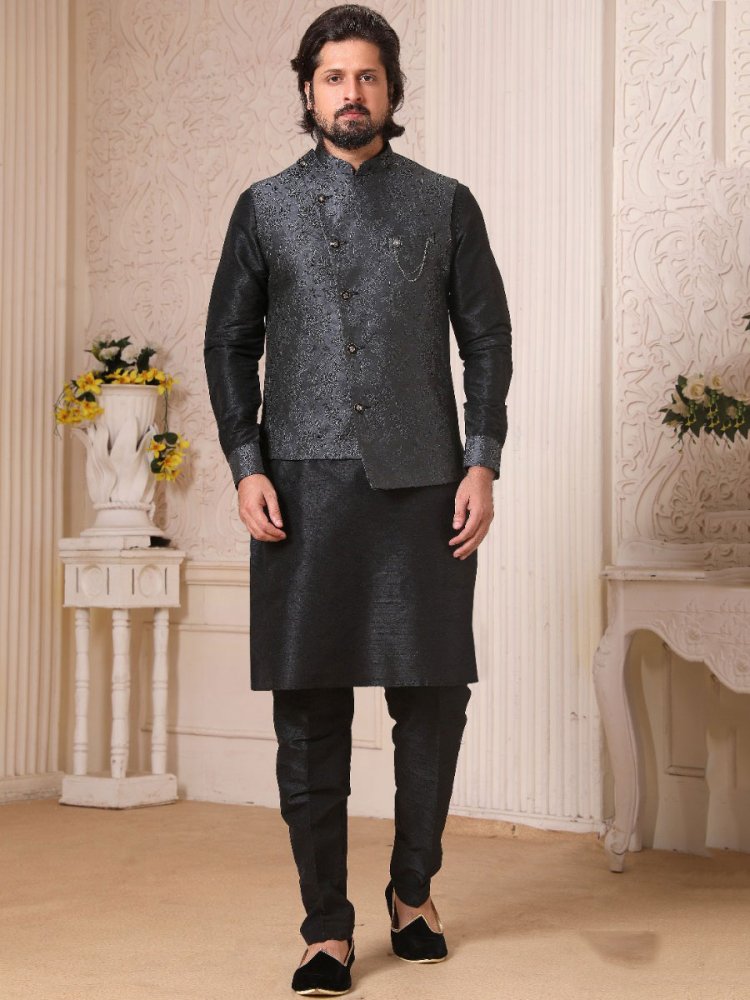 Black Banarasi Silk Wedding And Festival Plain Kurta with Waistcoat