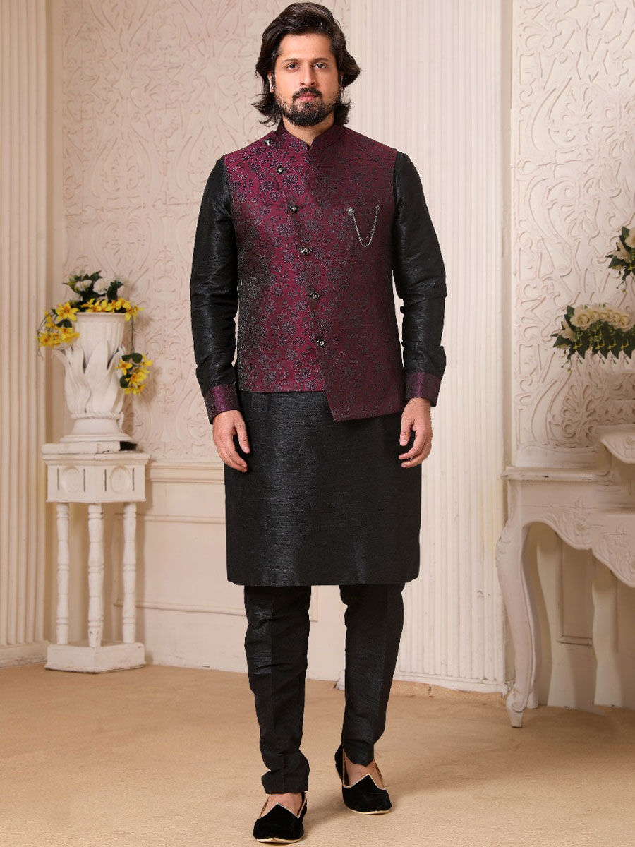 Black Banarasi Silk Wedding And Festival Plain Kurta with Waistcoat