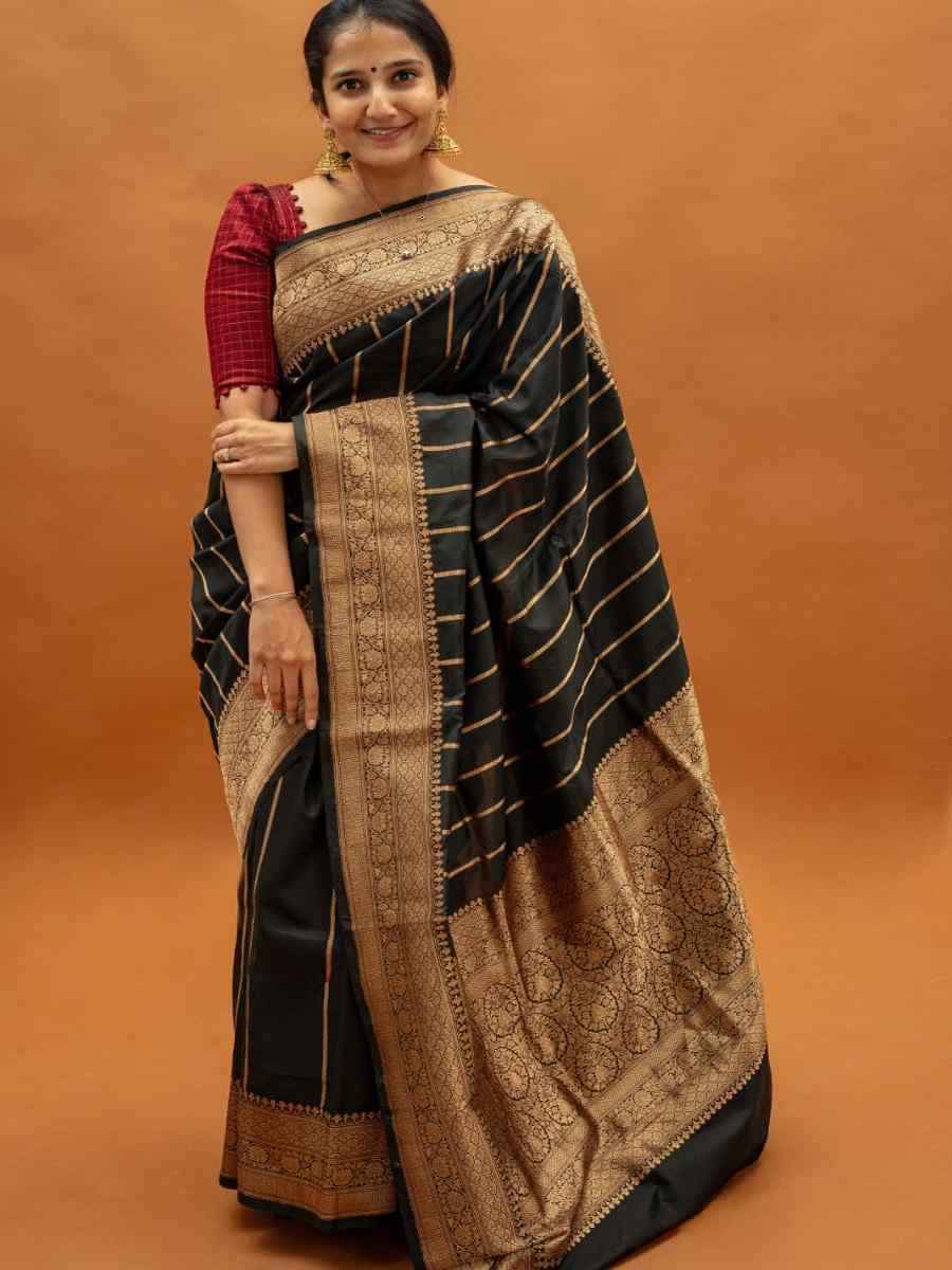 Black Banarasi Soft Silk Handwoven Festival Wedding Fancy Heavy Border Saree