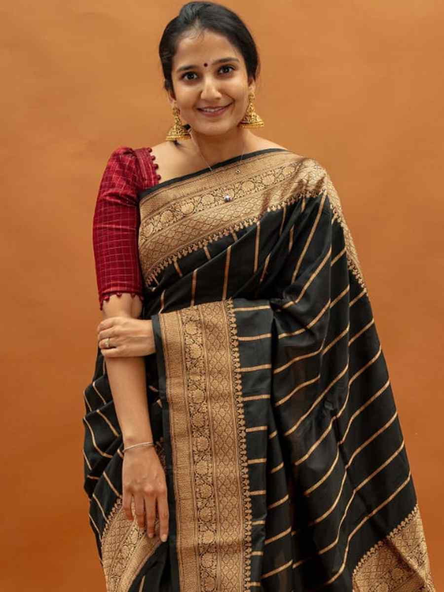 Black Banarasi Soft Silk Handwoven Festival Wedding Fancy Heavy Border Saree