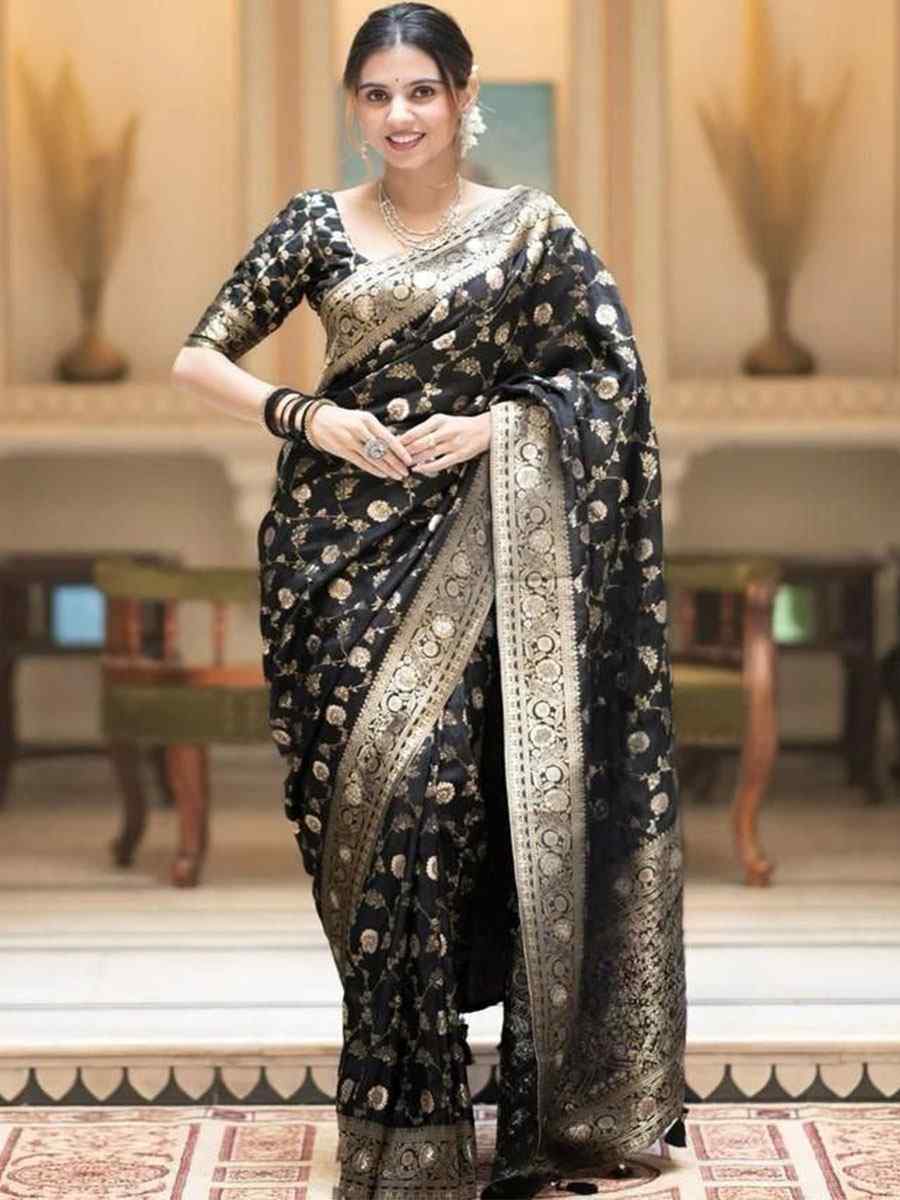 Black Banarasi Soft Silk Handwoven Wedding Festival Heavy Border Saree