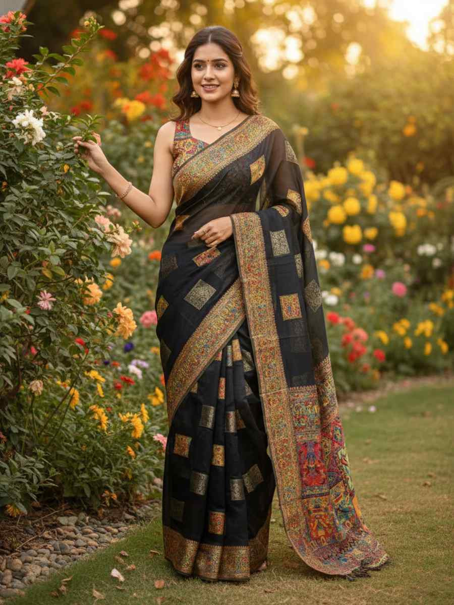 Black Banarasi Soft Silk Zari Handwoven Casual Reception Festival Wedding Fancy Classic Style Sarees