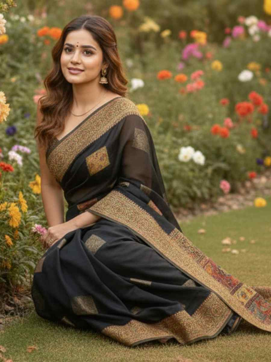 Black Banarasi Soft Silk Zari Handwoven Casual Reception Festival Wedding Fancy Classic Style Sarees