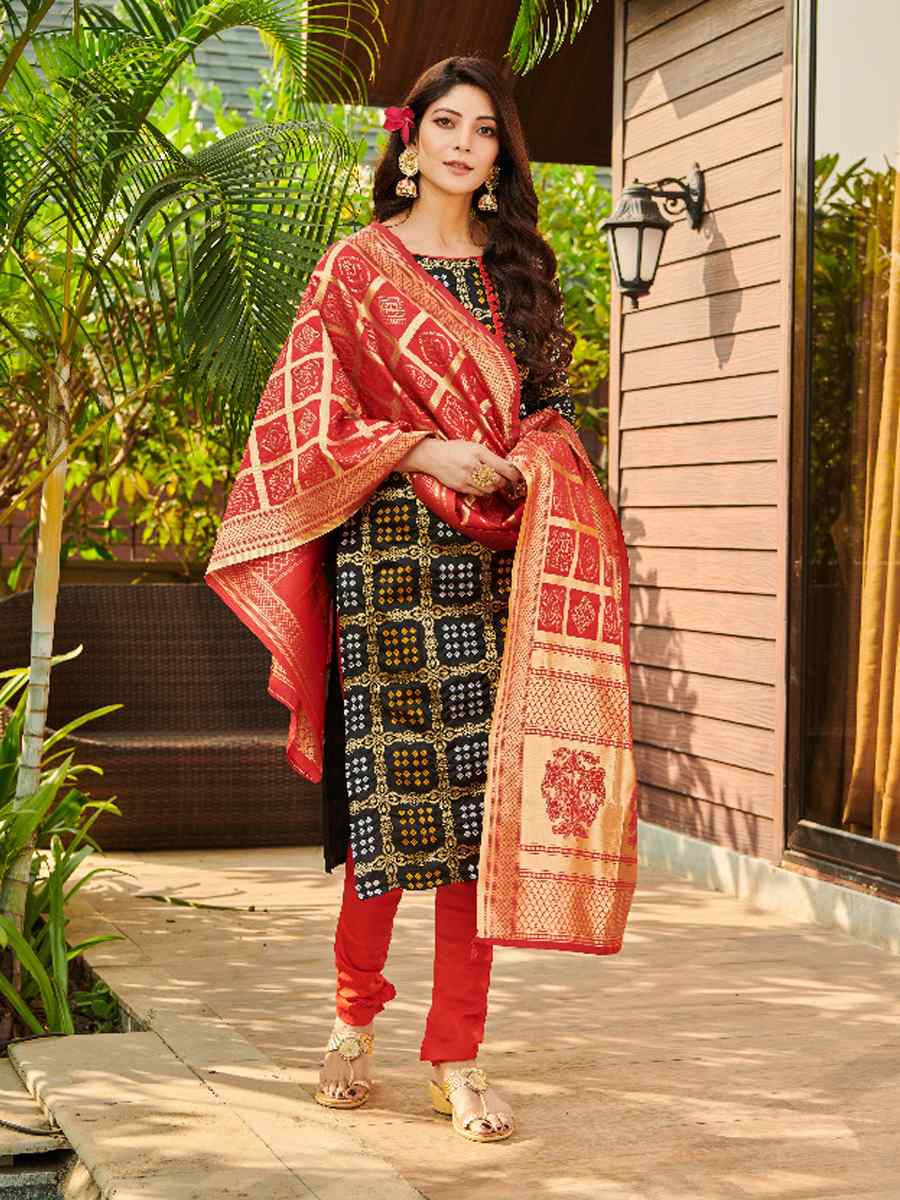 Black Bandhani Silk Blend Handwoven Wedding Festival Pant Salwar Kameez
