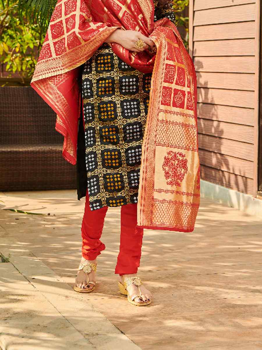 Black Bandhani Silk Blend Handwoven Wedding Festival Pant Salwar Kameez