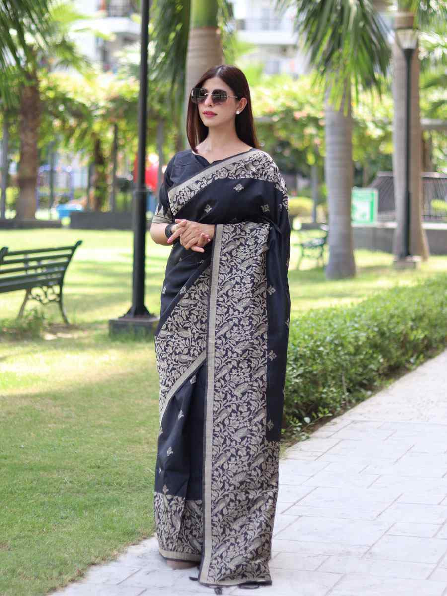 Black Banglori Handloom Raw Silk Handwoven Casual Reception Festival Wedding Fancy Classic Style Sarees