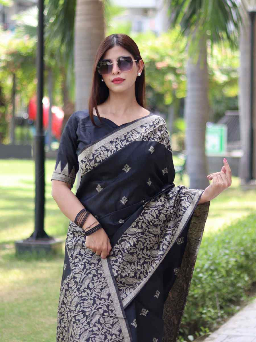 Black Banglori Handloom Raw Silk Handwoven Casual Reception Festival Wedding Fancy Classic Style Sarees