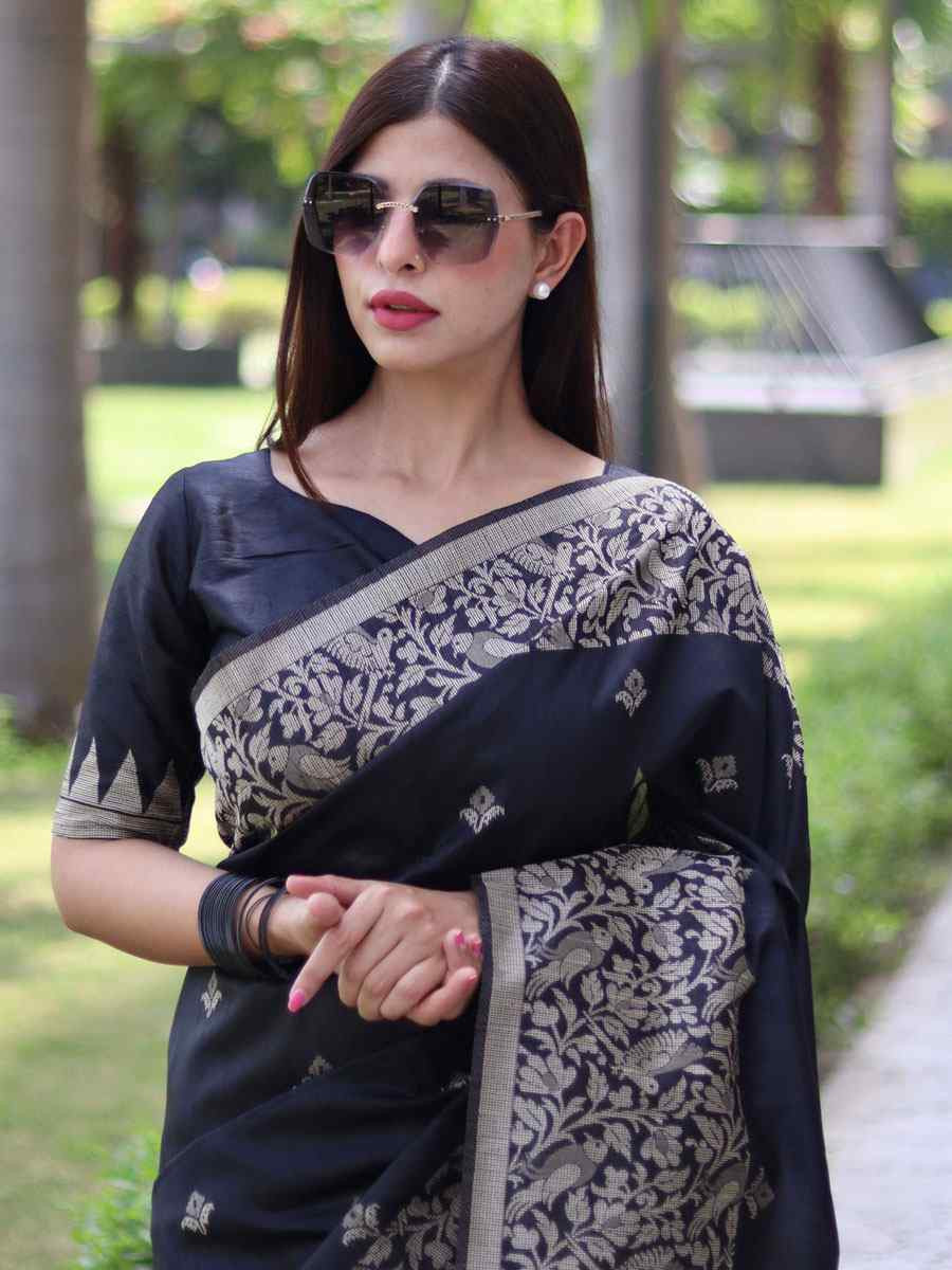 Black Banglori Handloom Raw Silk Handwoven Casual Reception Festival Wedding Fancy Classic Style Sarees