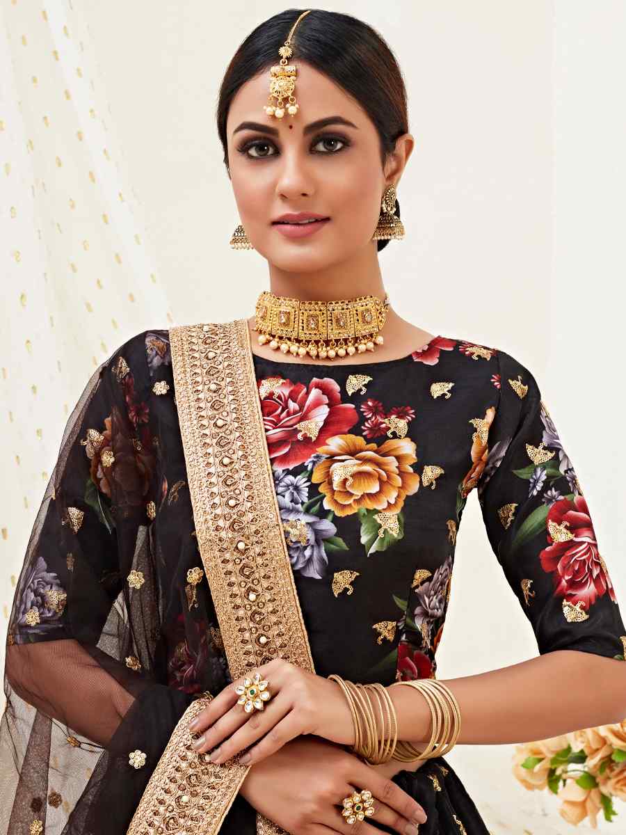Black Banglori Satin Embroidered Festival Wedding Heavy Border Lehenga Choli