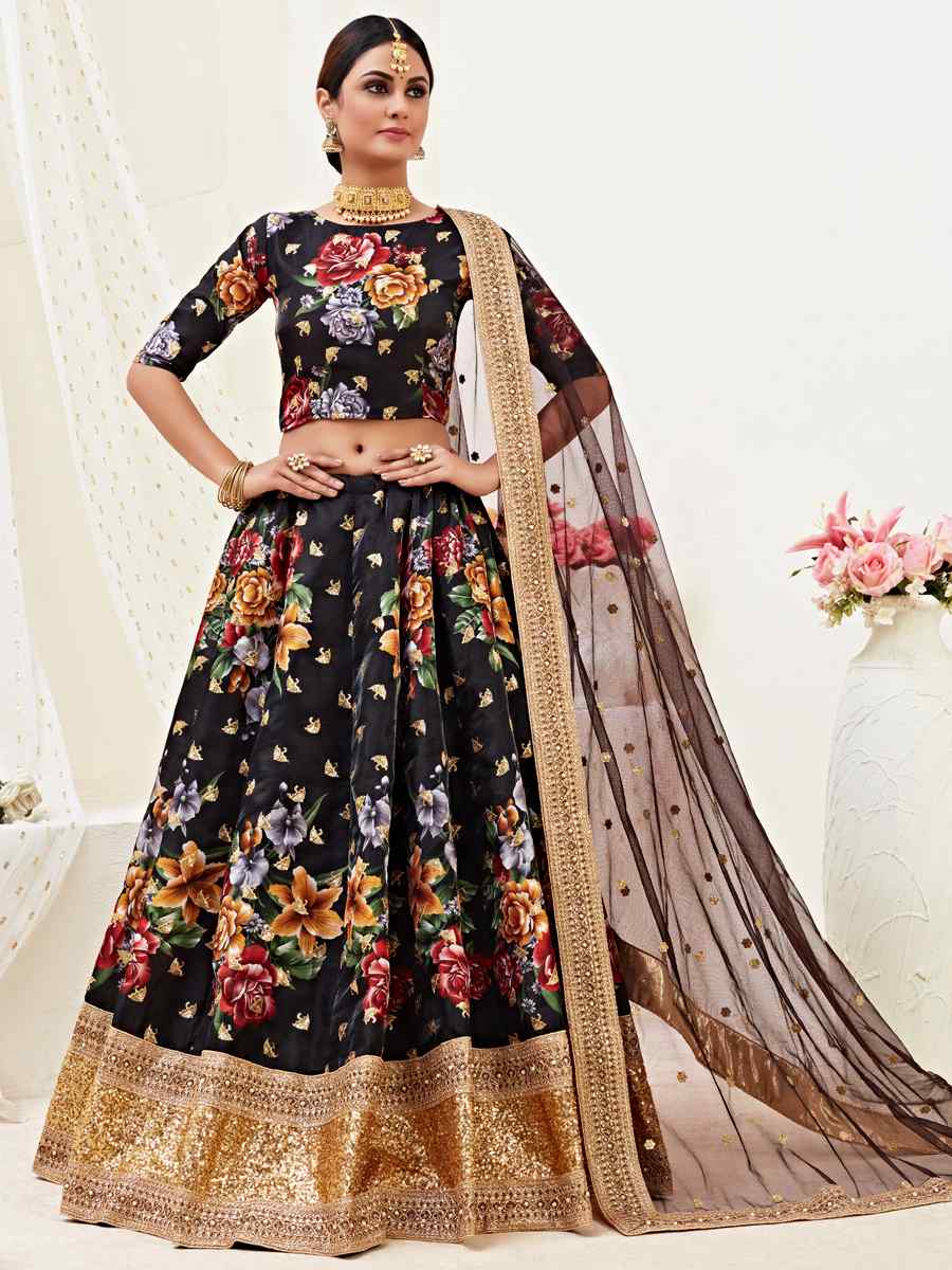 Black Banglori Satin Embroidered Festival Wedding Heavy Border Lehenga Choli