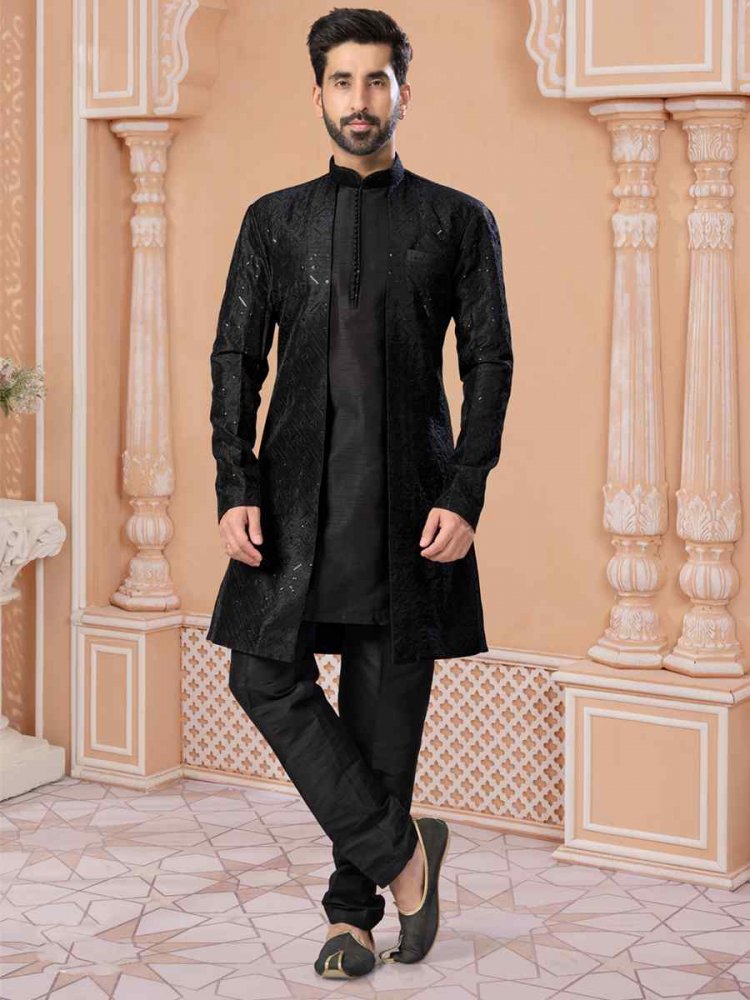 Black Banglori Silk Embroidered Groom Wedding Sherwani