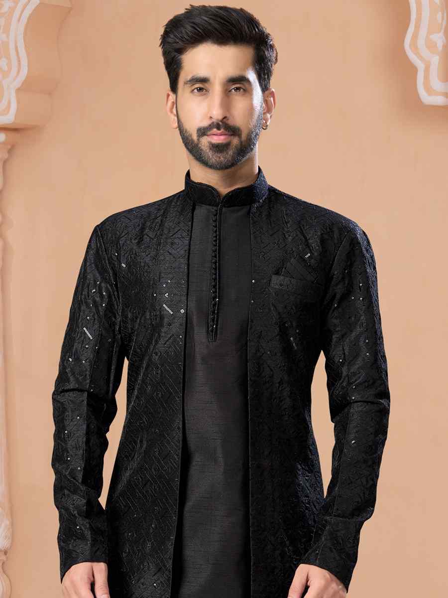 Black Banglori Silk Embroidered Groom Wedding Sherwani