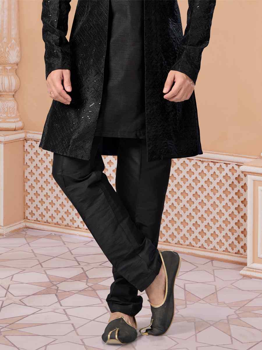 Black Banglori Silk Embroidered Groom Wedding Sherwani