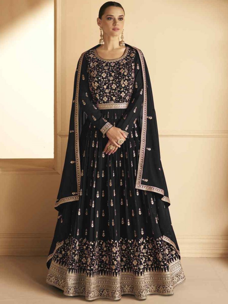 Black Blomming Vichitra Georgette Embroidered Festival Wedding Anarkali Salwar Kameez