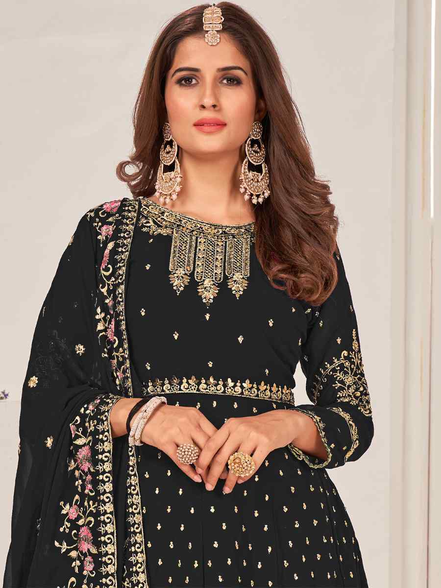 Black Blooming Faux Georgatte Embroidered Festival Wedding Sharara Pant Salwar Kameez