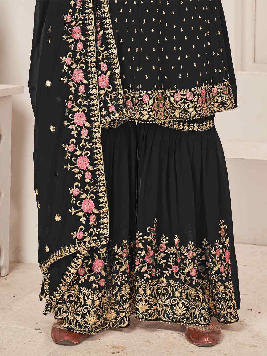 Black Blooming Faux Georgatte Embroidered Festival Wedding Sharara Pant Salwar Kameez