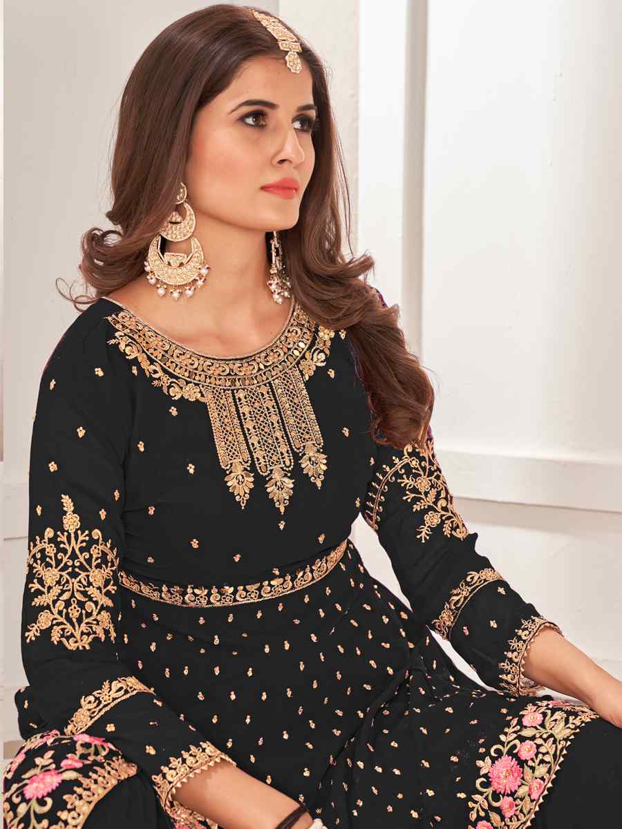 Black Blooming Faux Georgatte Embroidered Festival Wedding Sharara Pant Salwar Kameez