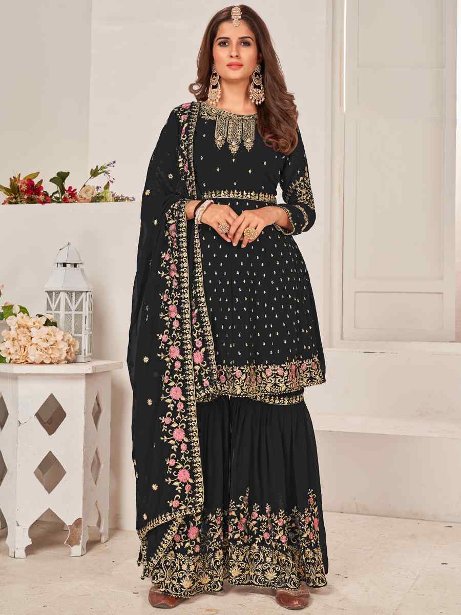 Black Blooming Faux Georgatte Embroidered Festival Wedding Sharara Pant Salwar Kameez