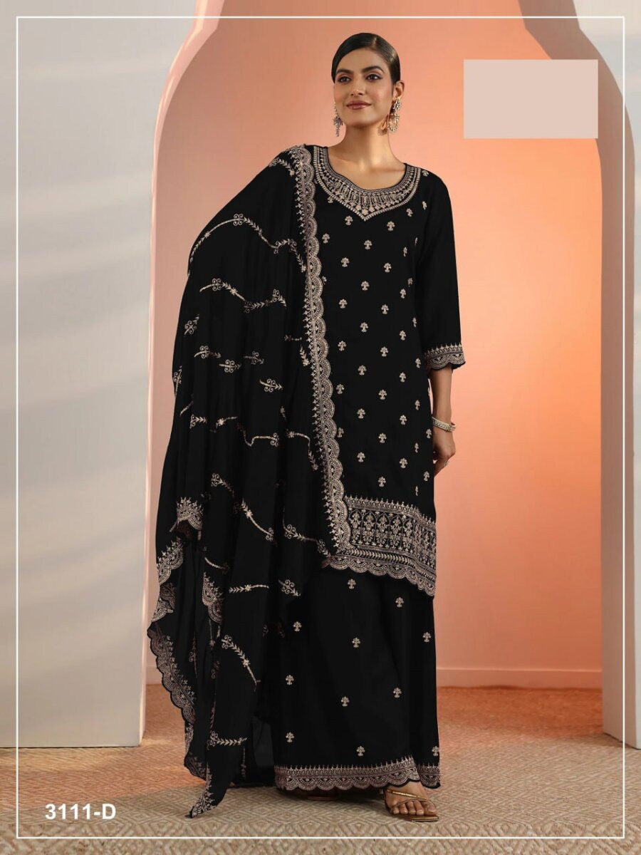 Black Blooming Fox Georgette Embroidery Wedding Party Festival Casual Palazzo Pant Salwar Kameez