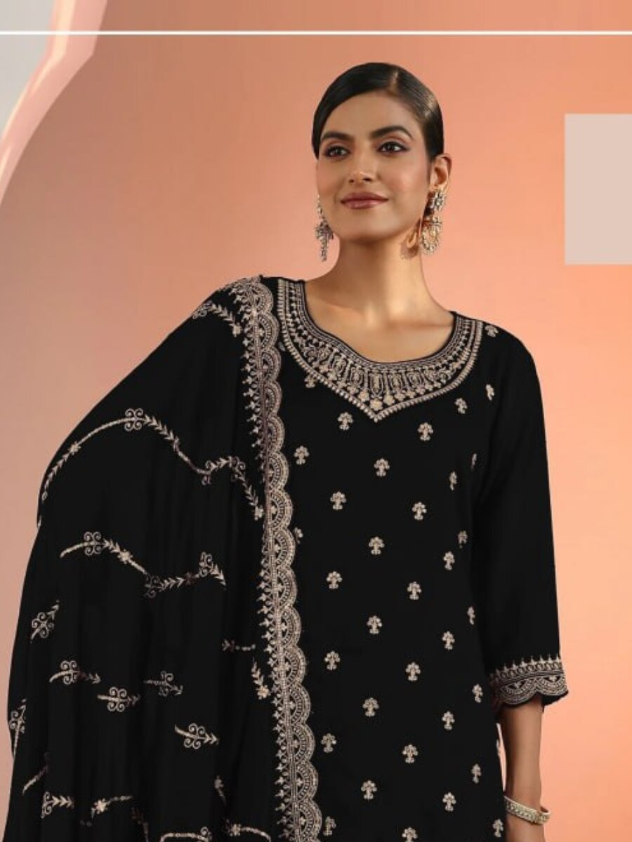 Black Blooming Fox Georgette Embroidery Wedding Party Festival Casual Palazzo Pant Salwar Kameez