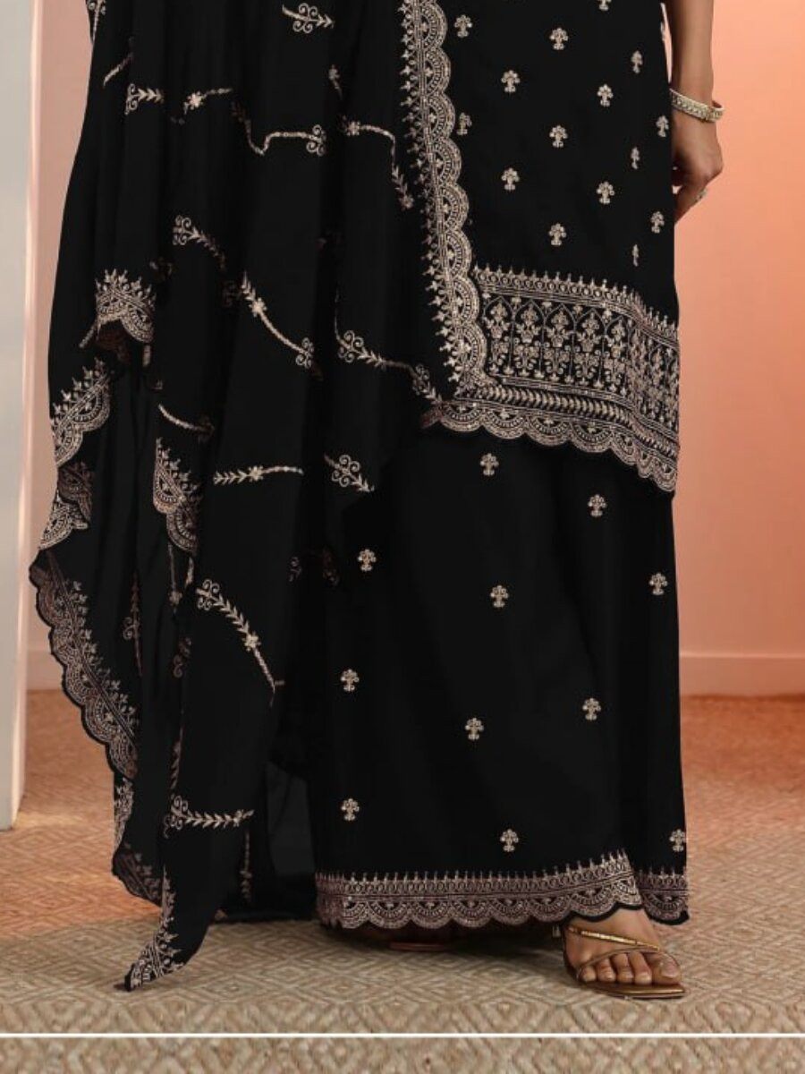 Black Blooming Fox Georgette Embroidery Wedding Party Festival Casual Palazzo Pant Salwar Kameez