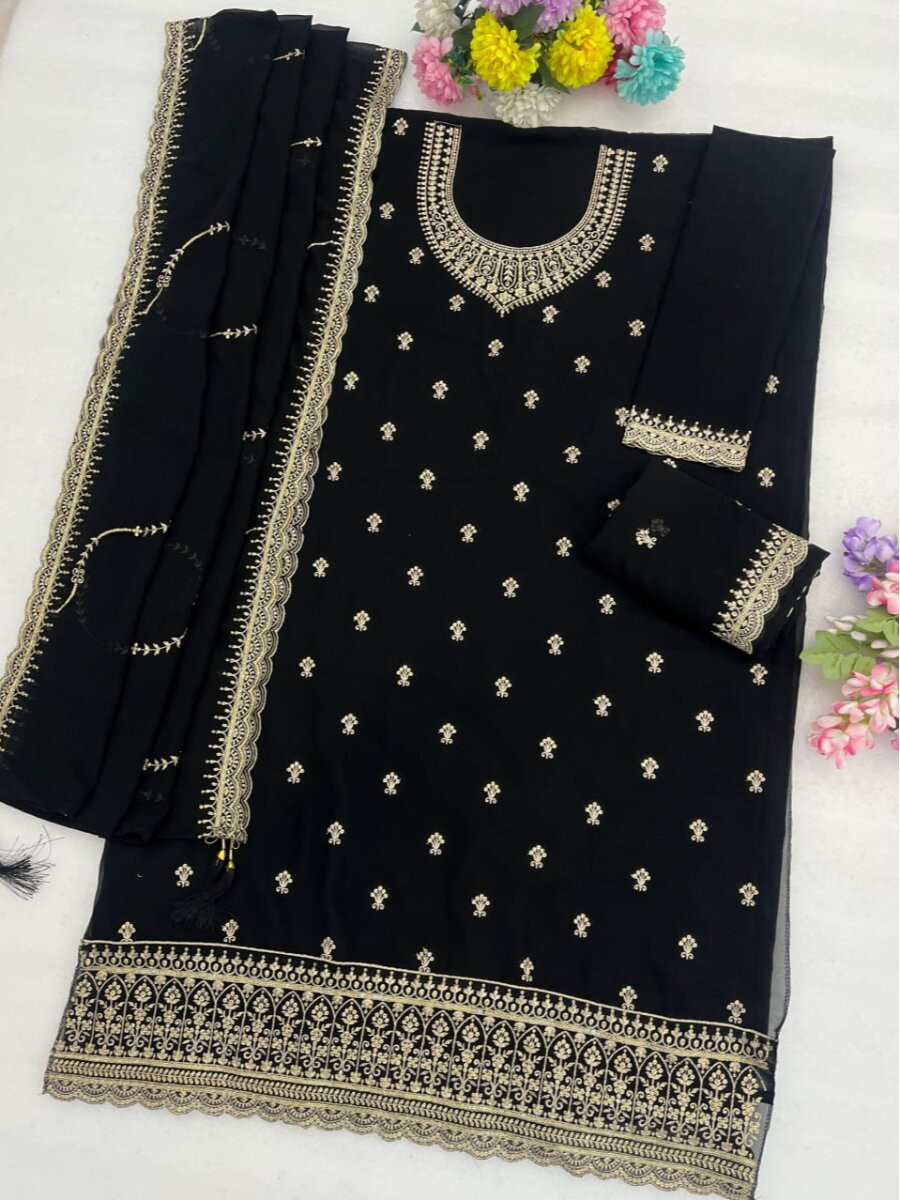 Black Blooming Fox Georgette Embroidery Wedding Party Festival Casual Palazzo Pant Salwar Kameez