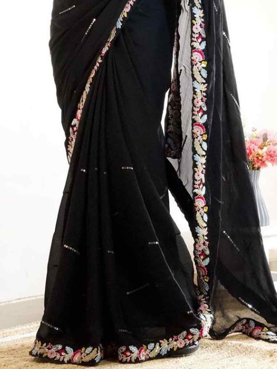 Black Blooming Rangoli Embroidered Party Cocktail Classic Style Saree