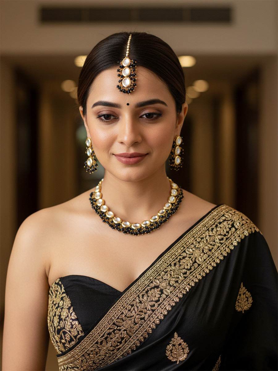 Black Brass Wedding Party Festival Wear Kundan Necklace