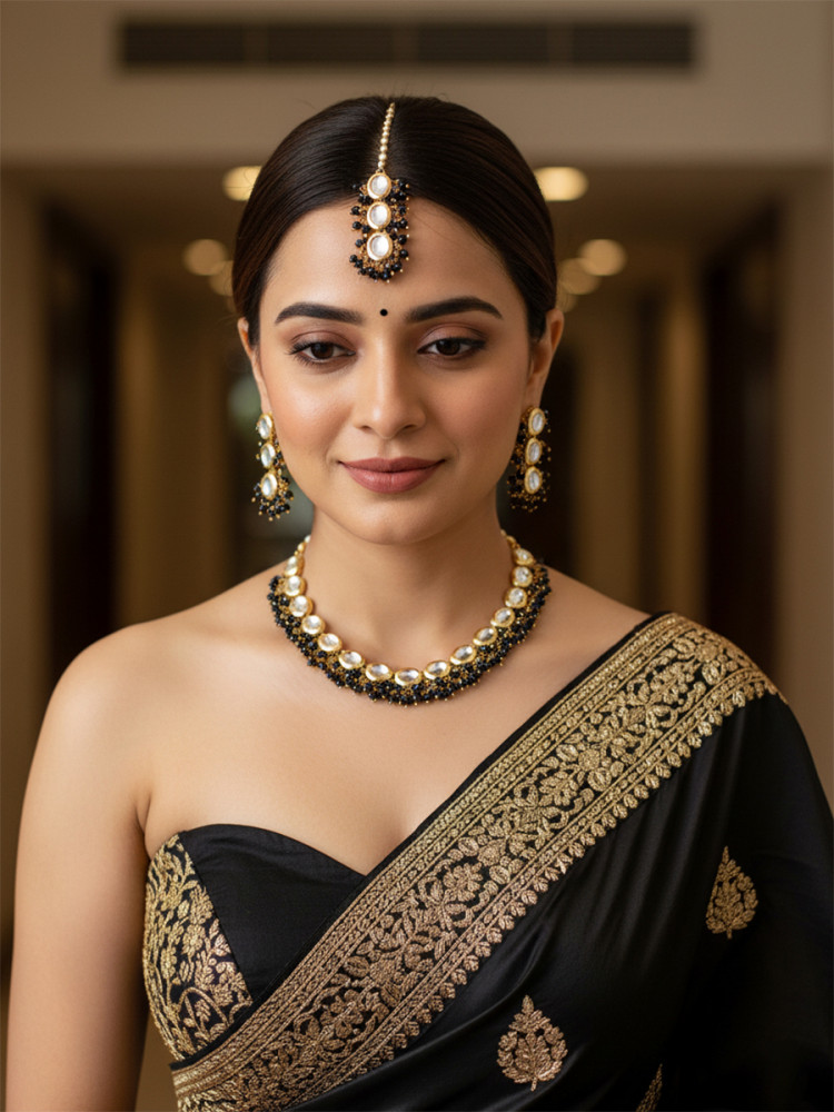 Image of Black Brass Wedding Party Festival Wear Kundan Necklace