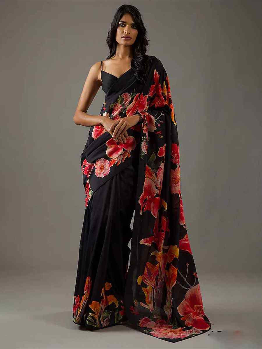 Black Bright Moss Printed Festival Casual Contemporary Saree