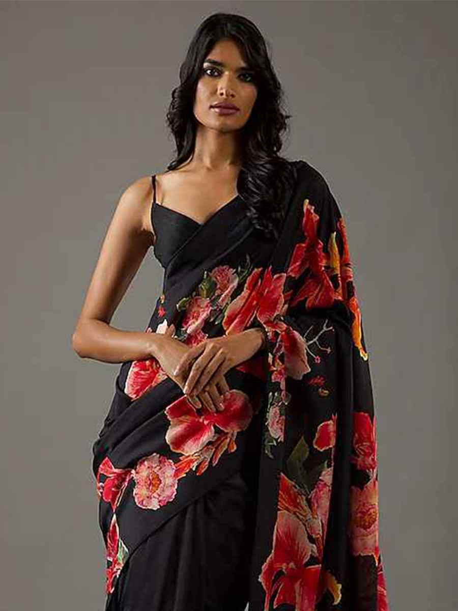 Black Bright Moss Printed Festival Casual Contemporary Saree